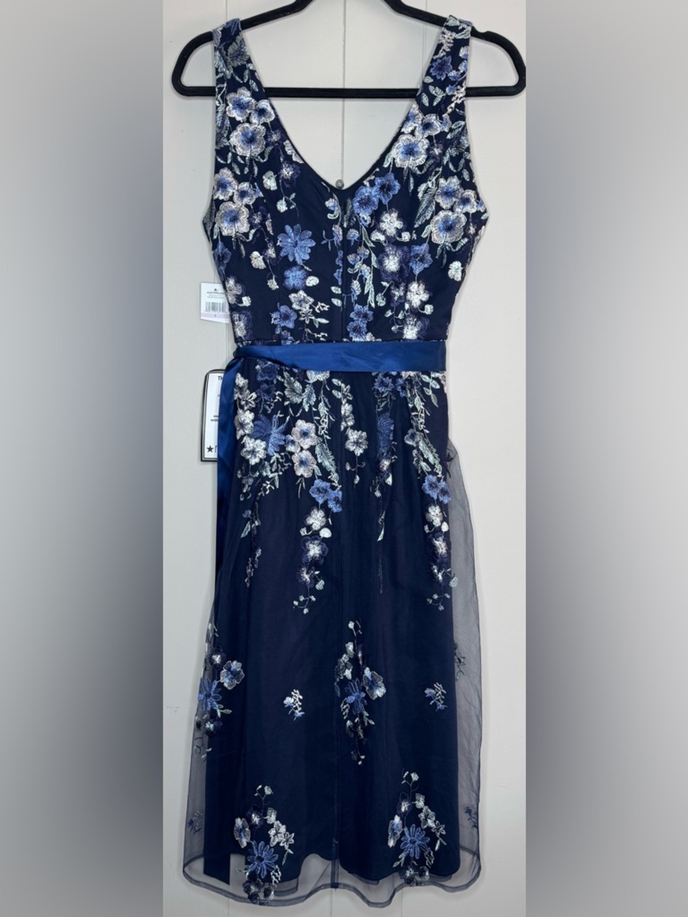 Alex Evenings Navy Blue Floral Midi Dress with Satin Ribbon - Picture 5 of 14